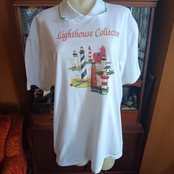 Large Vintage Cottage Granny T-shirt Lighthouse Collector Jerzees 90's Collared - Picture 2 of 8